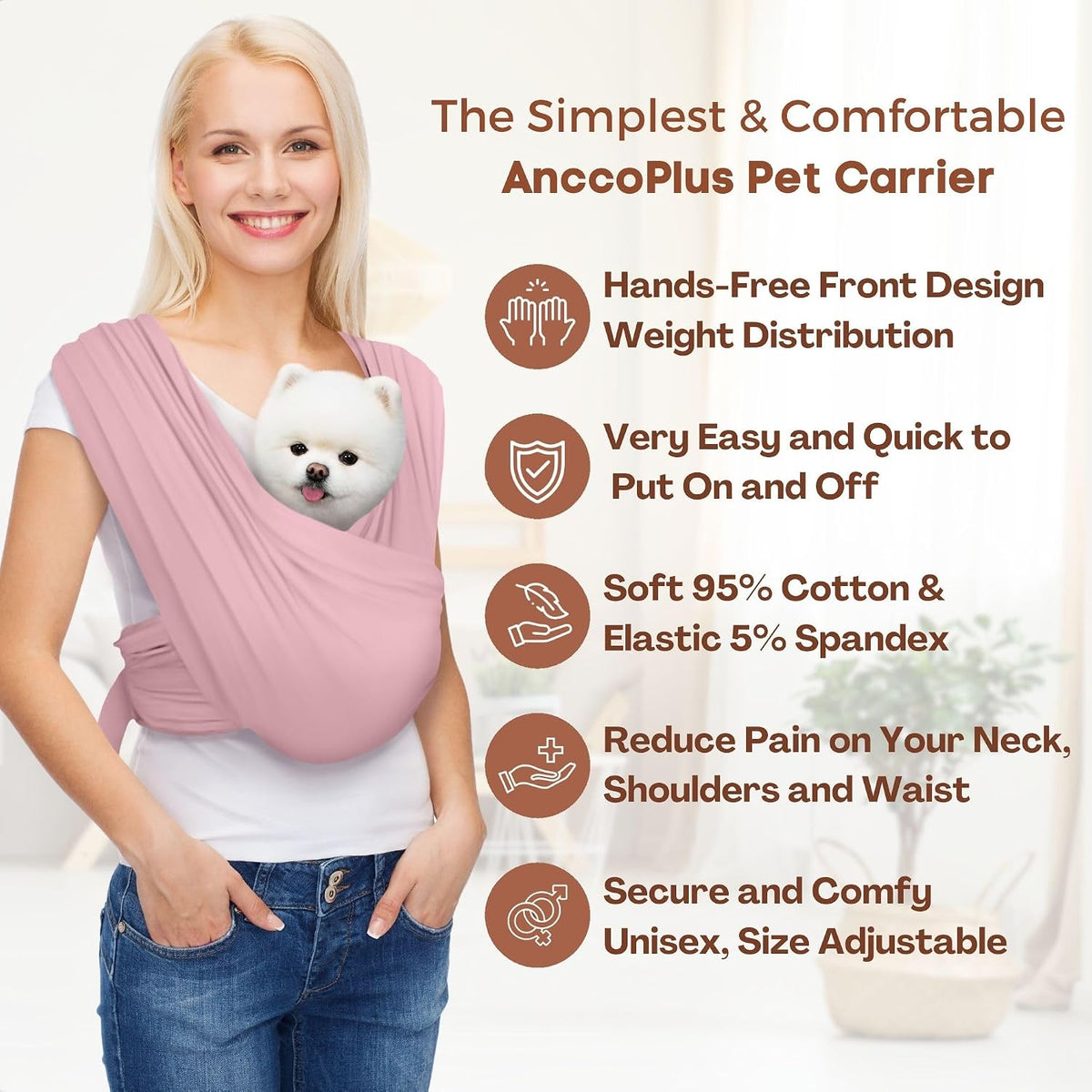 Small Dog Sling Carrier, Hands-Free, Light Pink, Regular