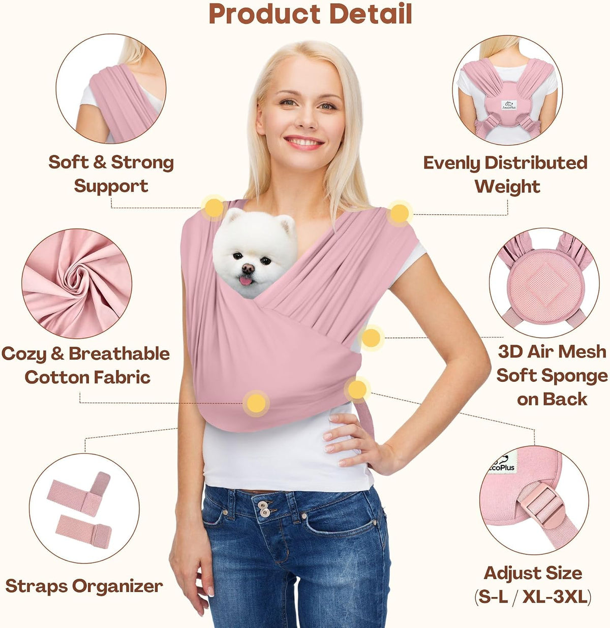 Small Dog Sling Carrier, Hands-Free, Light Pink, Regular