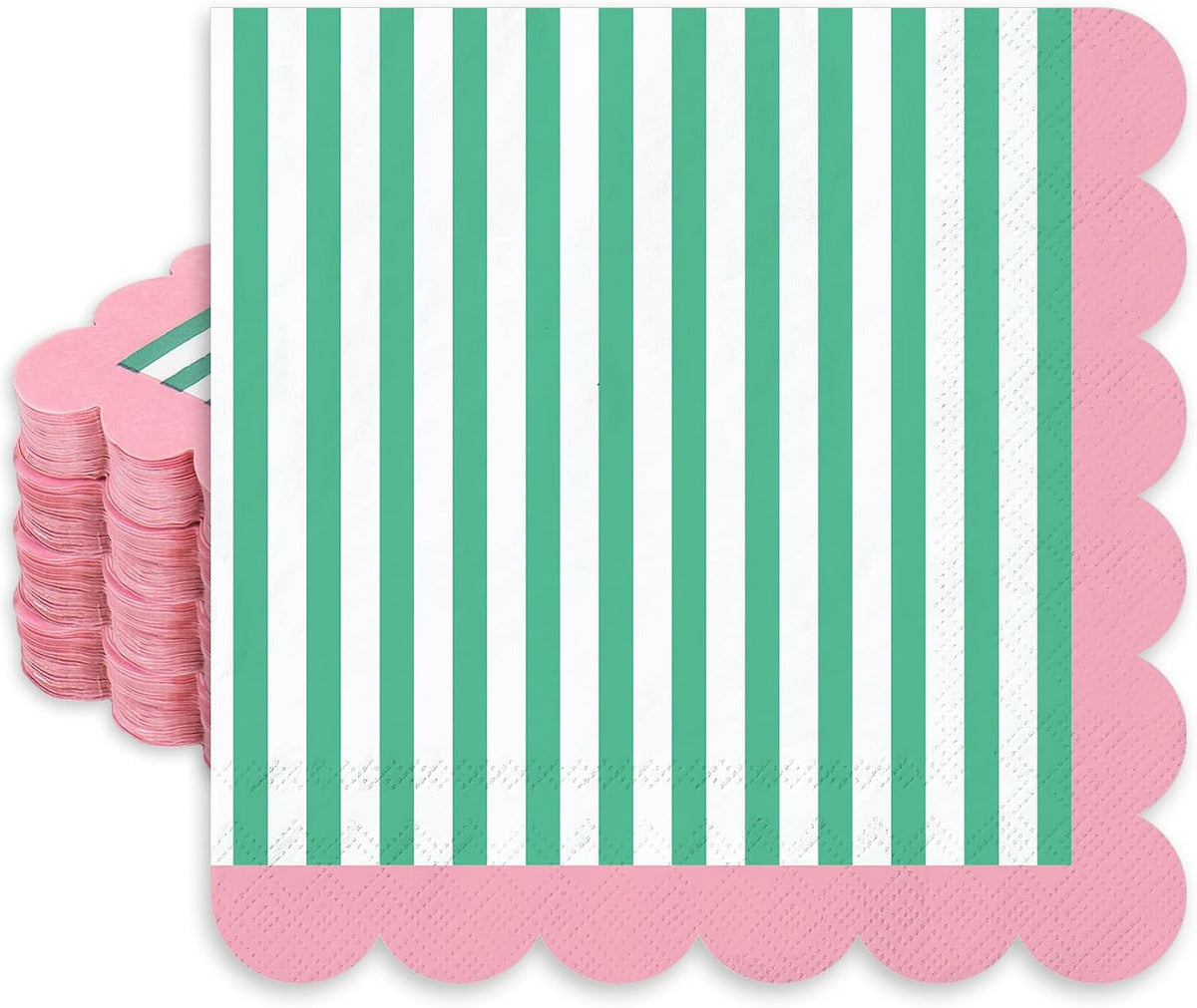 50Pcs Summer Cocktail Napkins Green White Stripe Disposable Paper Napkins Pink Scalloped Edge Beverage Napkin for Summer Birthday Pool Beach Party Supplies
