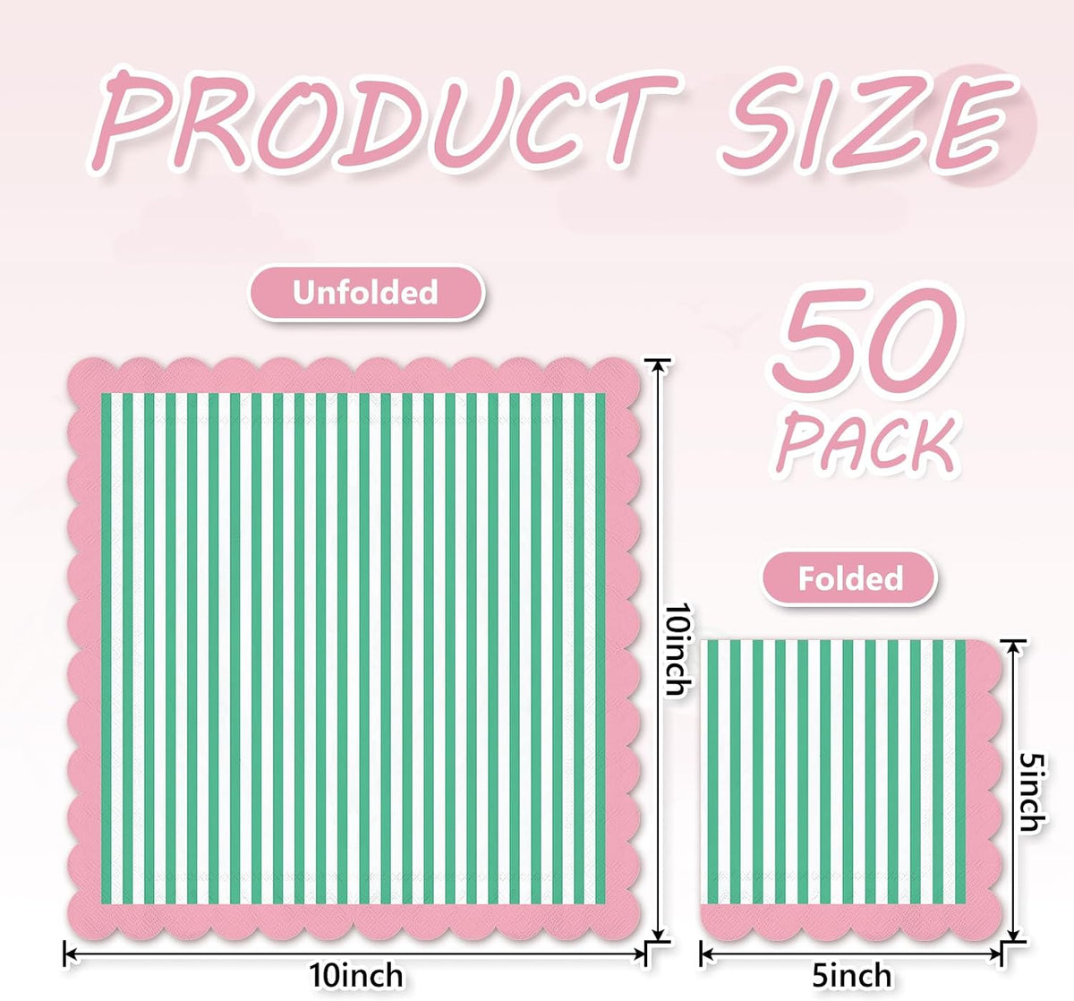 50Pcs Summer Cocktail Napkins Green White Stripe Disposable Paper Napkins Pink Scalloped Edge Beverage Napkin for Summer Birthday Pool Beach Party Supplies