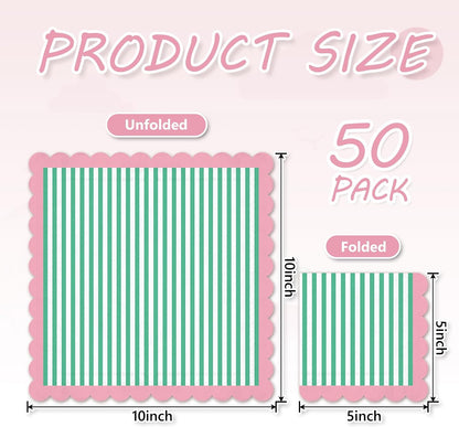 50Pcs Summer Cocktail Napkins Green White Stripe Disposable Paper Napkins Pink Scalloped Edge Beverage Napkin for Summer Birthday Pool Beach Party Supplies