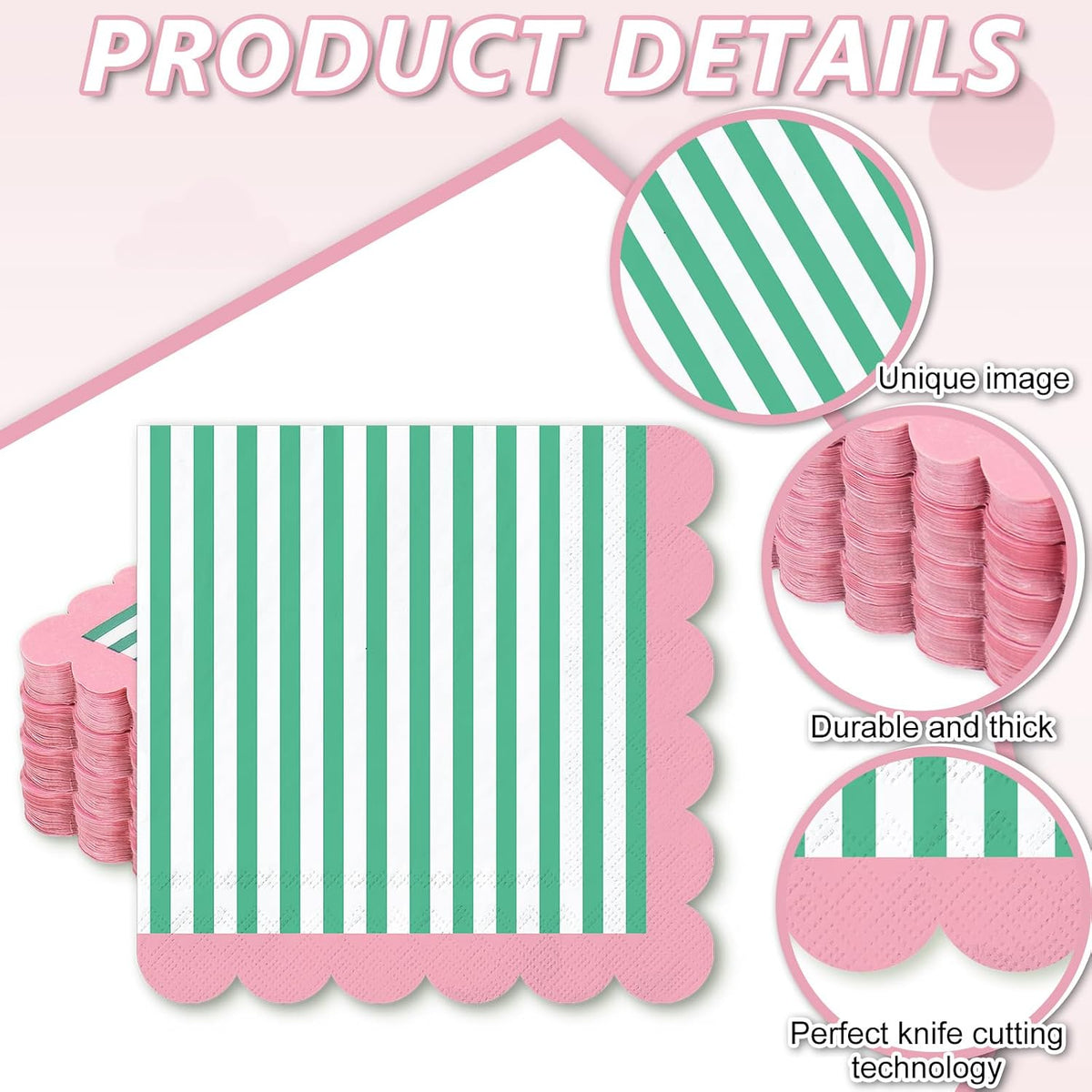 50Pcs Summer Cocktail Napkins Green White Stripe Disposable Paper Napkins Pink Scalloped Edge Beverage Napkin for Summer Birthday Pool Beach Party Supplies