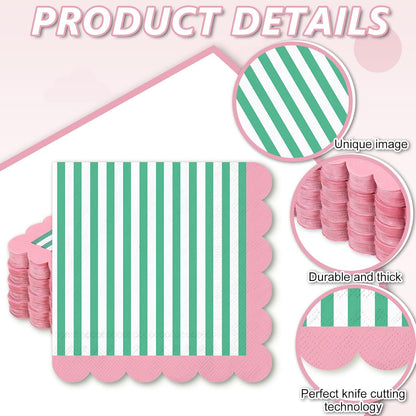 50Pcs Summer Cocktail Napkins Green White Stripe Disposable Paper Napkins Pink Scalloped Edge Beverage Napkin for Summer Birthday Pool Beach Party Supplies