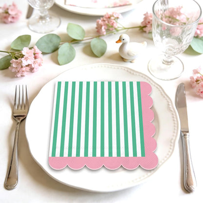 50Pcs Summer Cocktail Napkins Green White Stripe Disposable Paper Napkins Pink Scalloped Edge Beverage Napkin for Summer Birthday Pool Beach Party Supplies