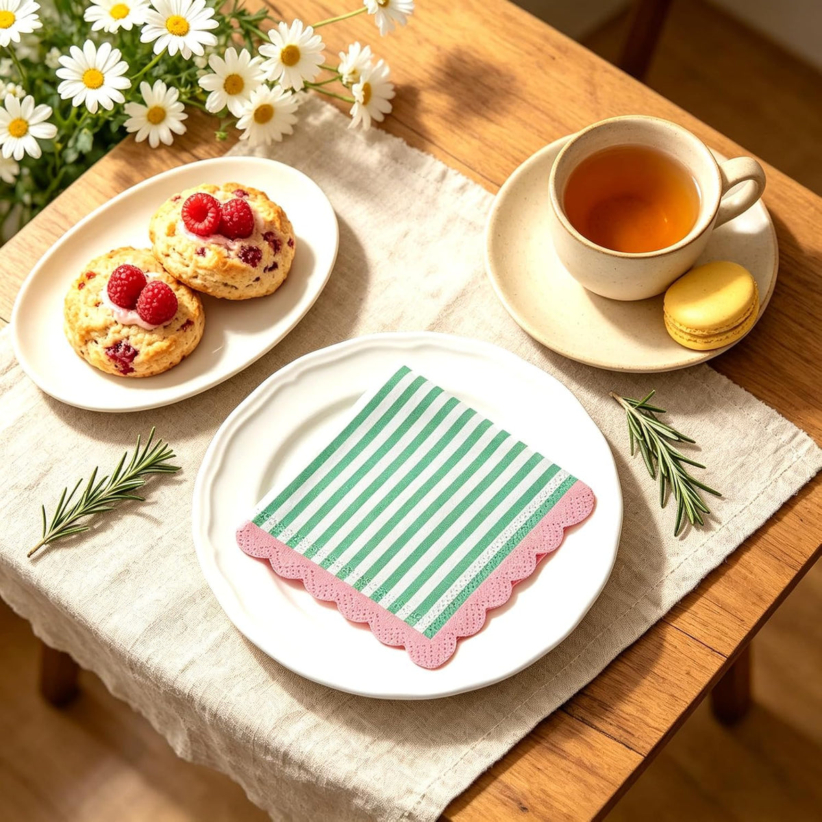 50Pcs Summer Cocktail Napkins Green White Stripe Disposable Paper Napkins Pink Scalloped Edge Beverage Napkin for Summer Birthday Pool Beach Party Supplies
