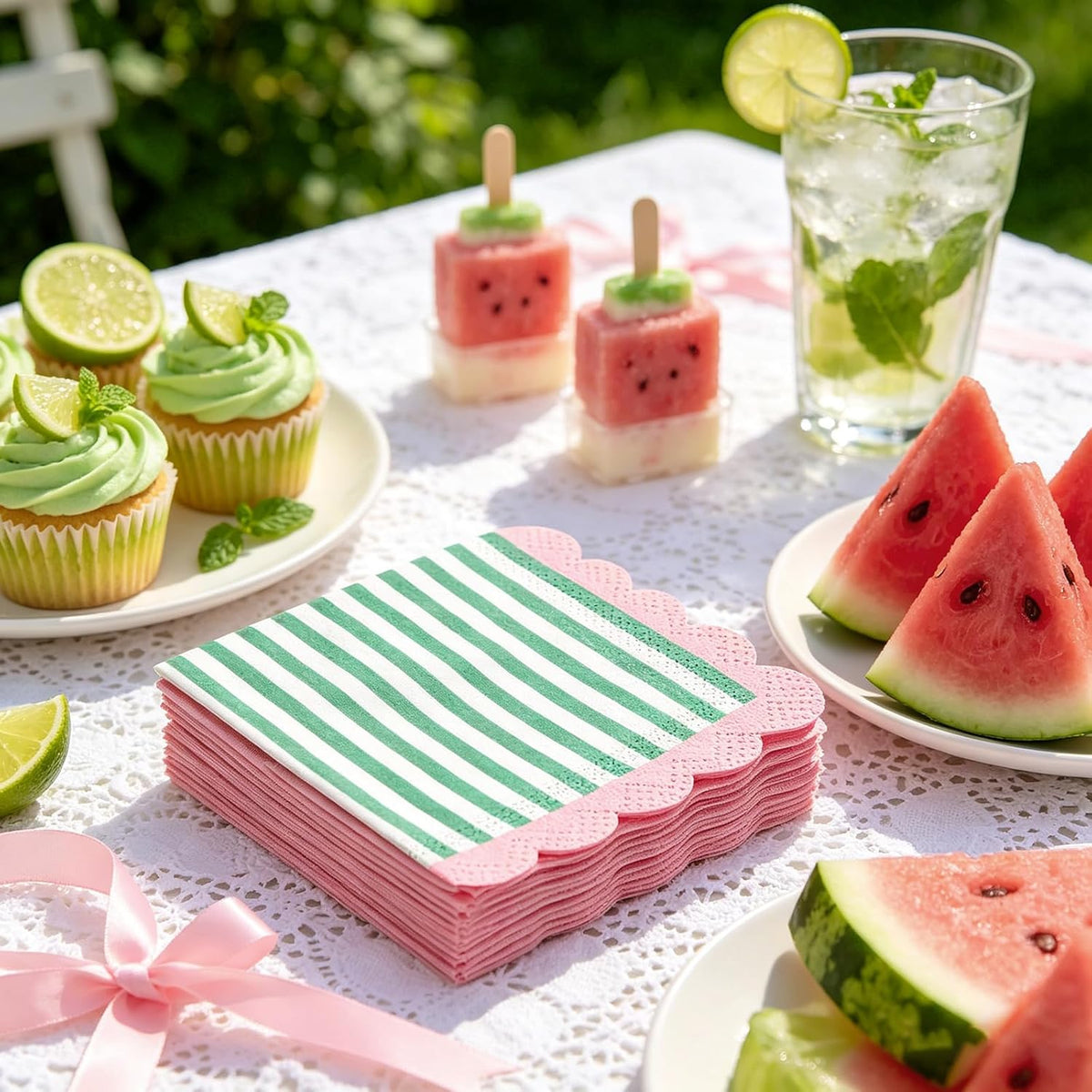 50Pcs Summer Cocktail Napkins Green White Stripe Disposable Paper Napkins Pink Scalloped Edge Beverage Napkin for Summer Birthday Pool Beach Party Supplies