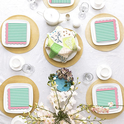 50Pcs Summer Cocktail Napkins Green White Stripe Disposable Paper Napkins Pink Scalloped Edge Beverage Napkin for Summer Birthday Pool Beach Party Supplies