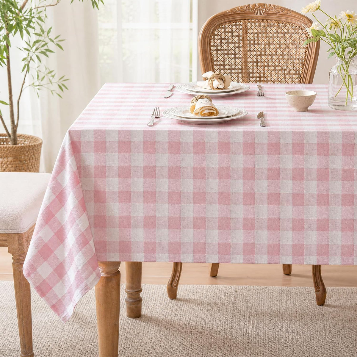 Gingham Tablecloth Rectangle Table, Cotton Linen Style Picnic Checkered Table Cloth Farmhouse Washable Wrinkle Free Buffalo Plaid Table Cover for Outdoor Birthday Party, Pink, 60x75