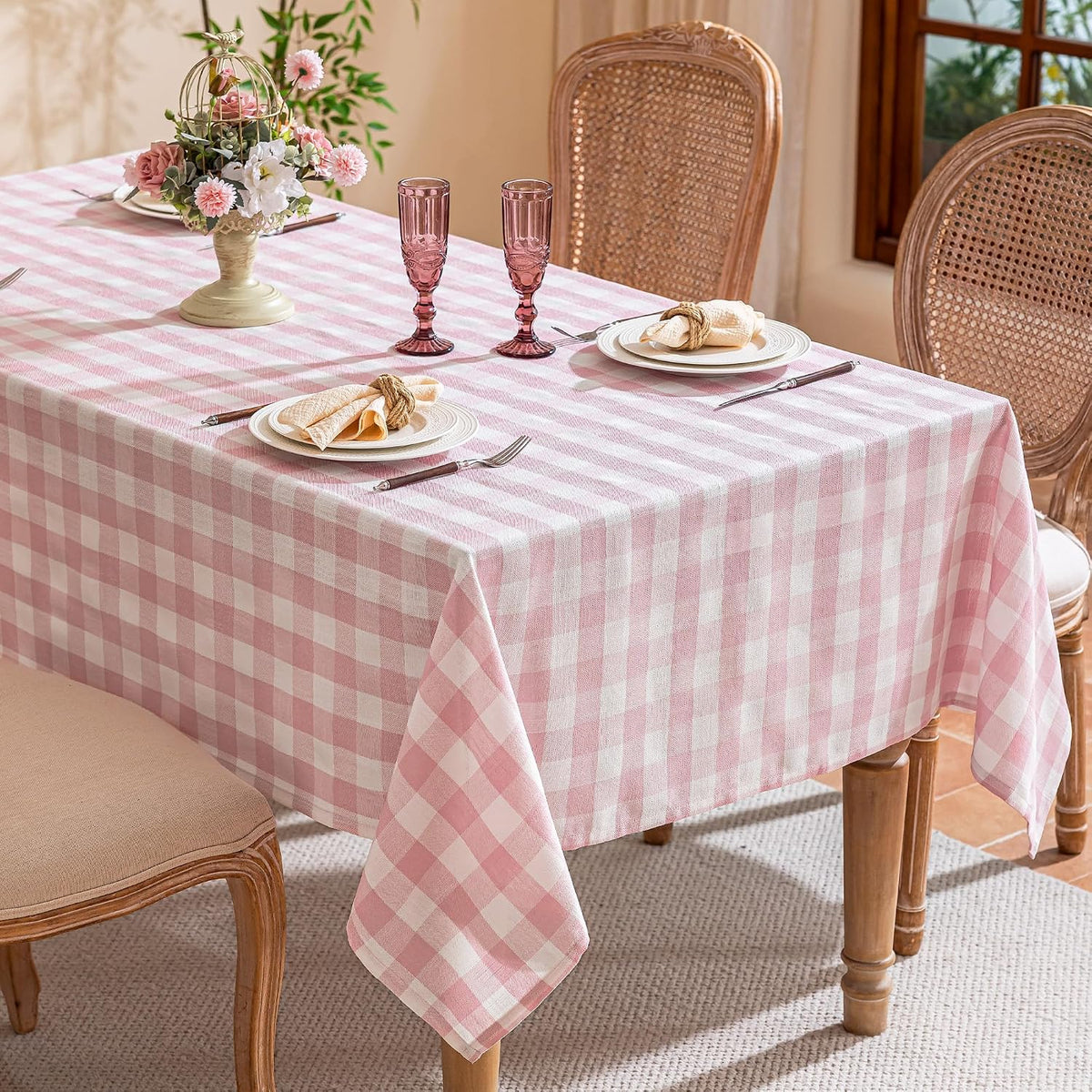 Gingham Tablecloth Rectangle Table, Cotton Linen Style Picnic Checkered Table Cloth Farmhouse Washable Wrinkle Free Buffalo Plaid Table Cover for Outdoor Birthday Party, Pink, 60x75