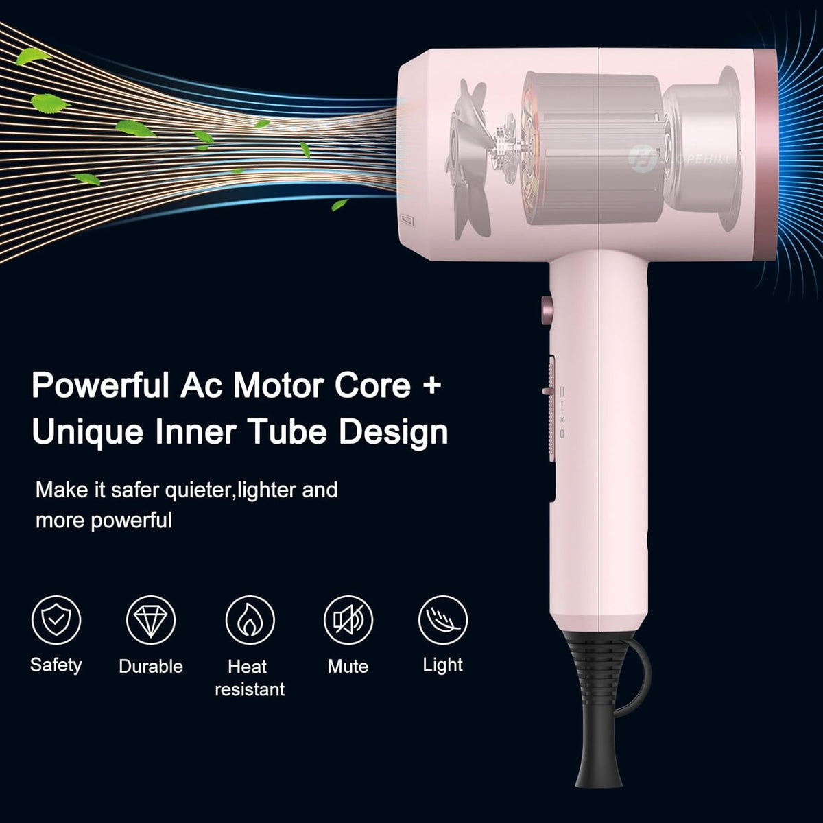 Professional Ionic Hair Dryer, Powerful 1800W Fast Drying Low Noise Blow Dryer with 2 Concentrator Nozzle 1 Diffuser Attachments for Home Salon Travel (Pottery Pink and Rose Gold)