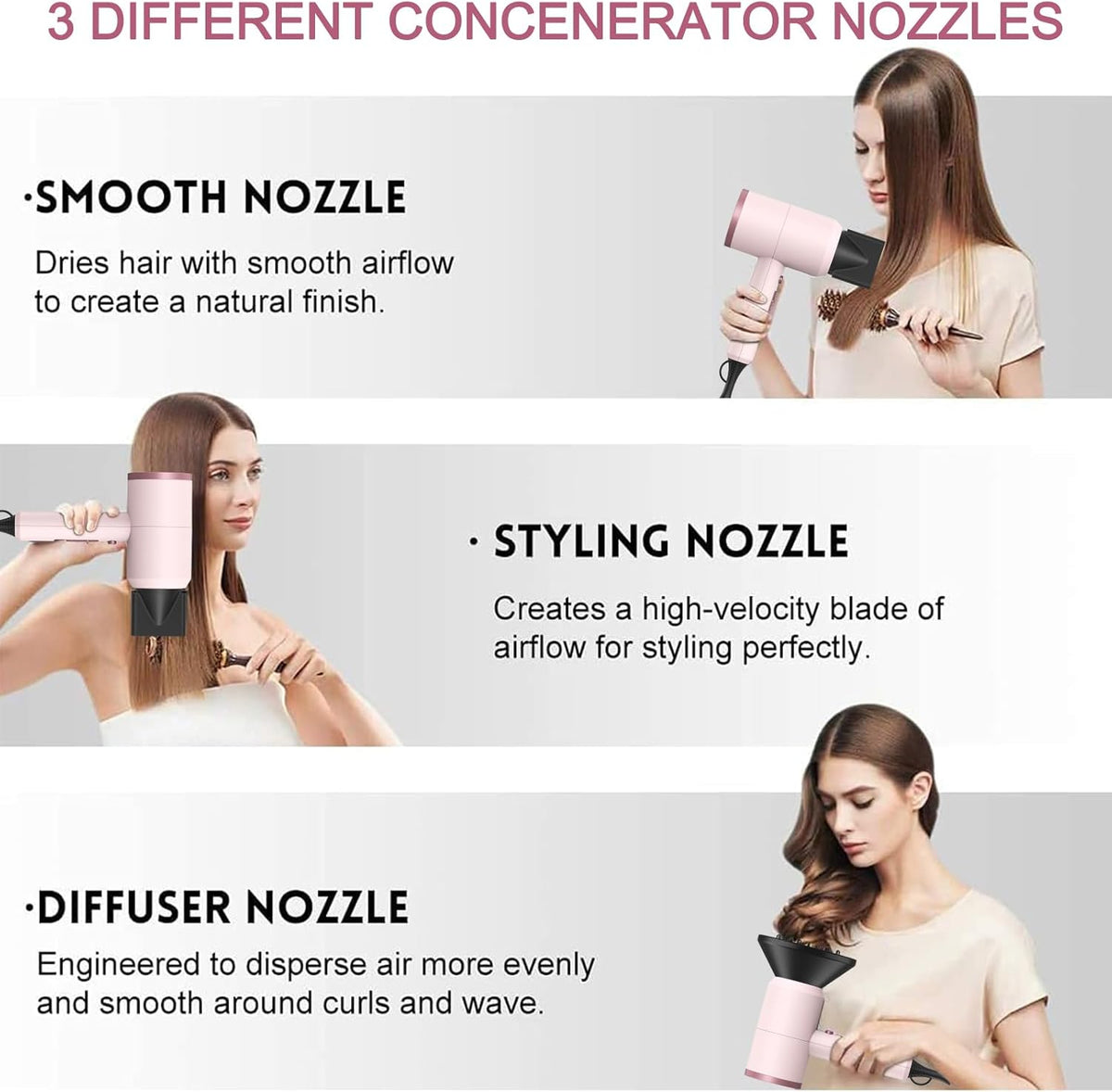 Professional Ionic Hair Dryer, Powerful 1800W Fast Drying Low Noise Blow Dryer with 2 Concentrator Nozzle 1 Diffuser Attachments for Home Salon Travel (Pottery Pink and Rose Gold)