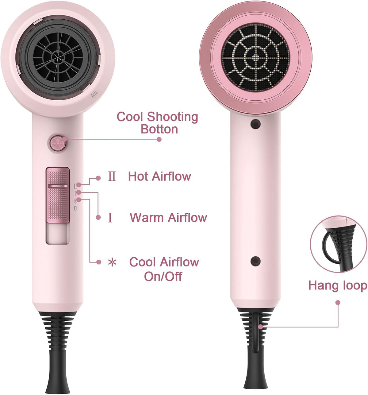 Professional Ionic Hair Dryer, Powerful 1800W Fast Drying Low Noise Blow Dryer with 2 Concentrator Nozzle 1 Diffuser Attachments for Home Salon Travel (Pottery Pink and Rose Gold)