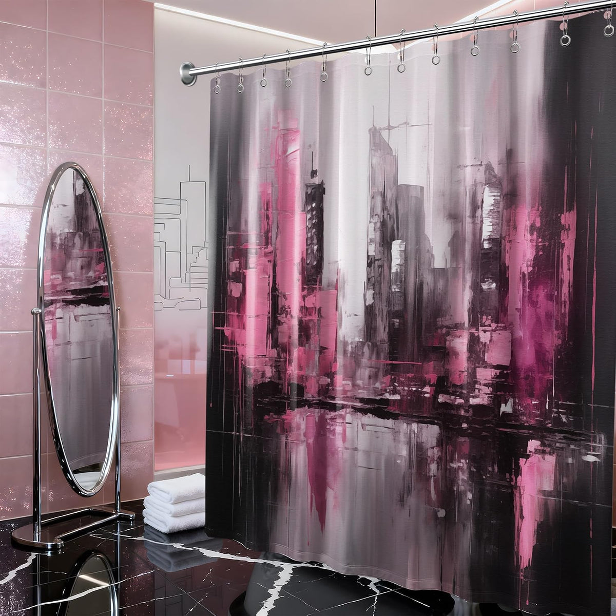 Pink and Black Abstract Shower Curtain, 72x72 in, Dark Pink