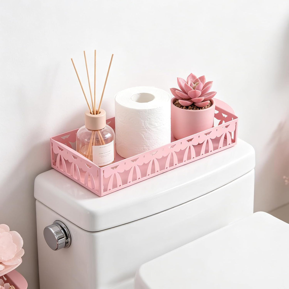 Pink Bow Metal Toilet Paper Basket,12.6x5.9 Inches Cute Toilet Tank Paper Holder with Handle Bathroom Restroom Storage Tray