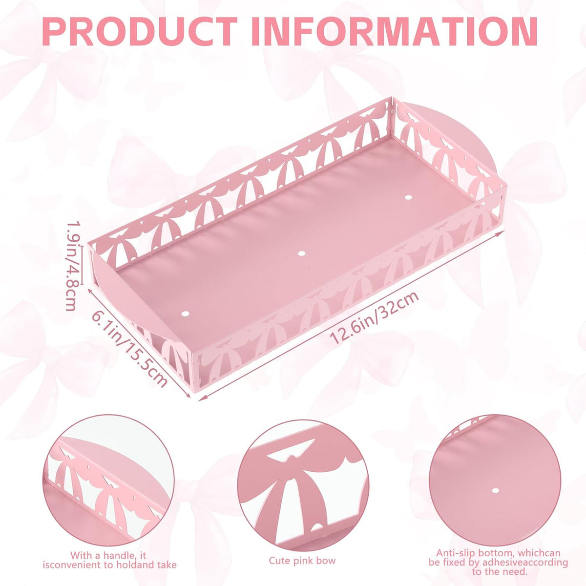 Pink Bow Metal Toilet Paper Basket,12.6x5.9 Inches Cute Toilet Tank Paper Holder with Handle Bathroom Restroom Storage Tray