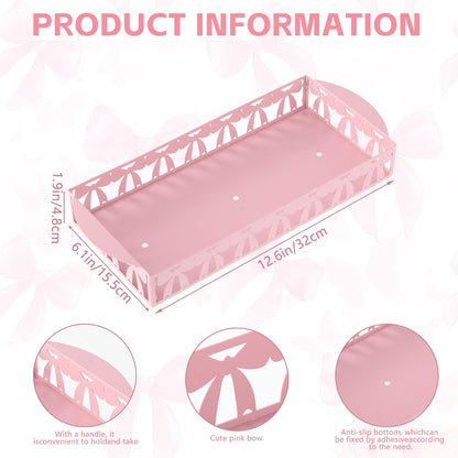 Pink Bow Metal Toilet Paper Basket,12.6x5.9 Inches Cute Toilet Tank Paper Holder with Handle Bathroom Restroom Storage Tray