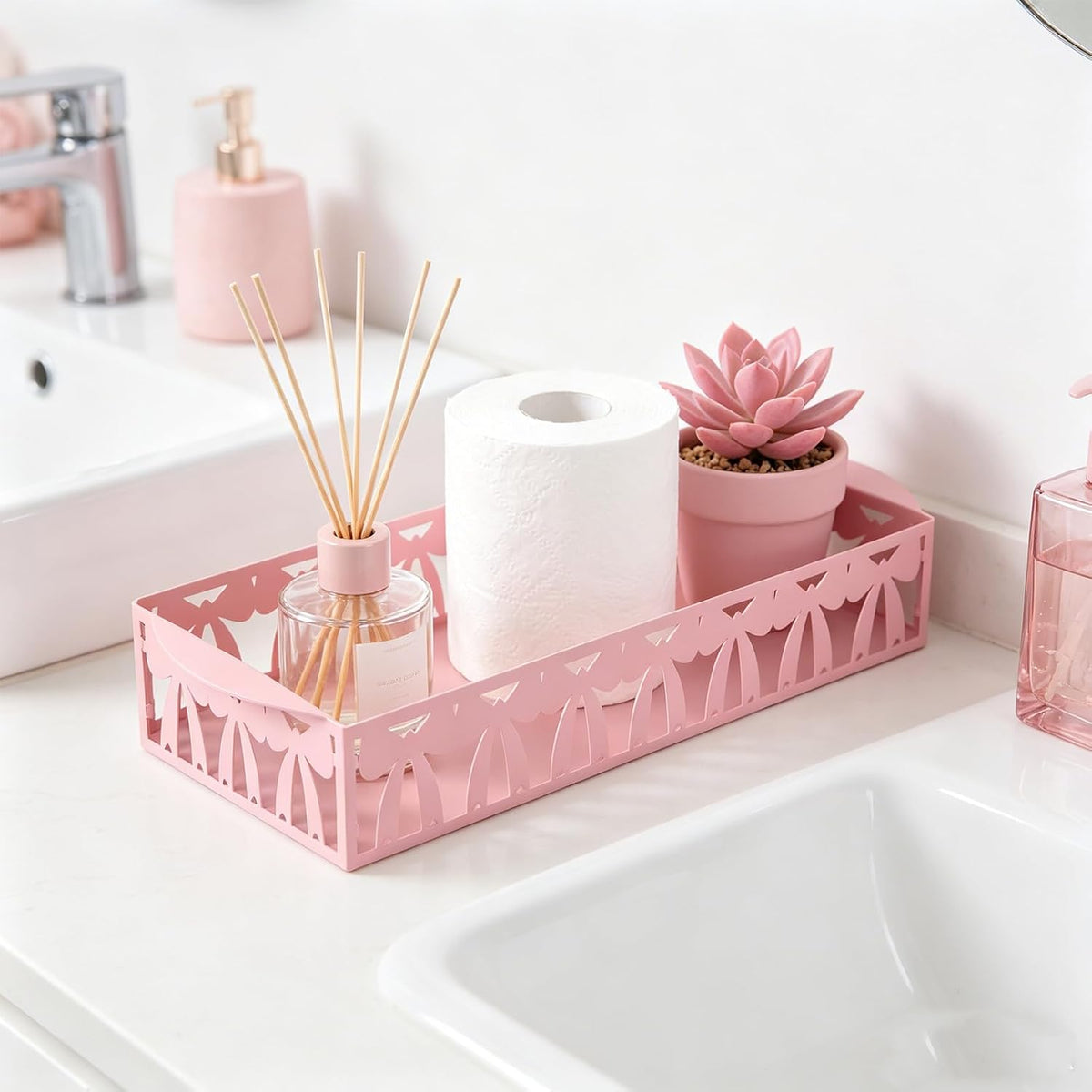 Pink Bow Metal Toilet Paper Basket,12.6x5.9 Inches Cute Toilet Tank Paper Holder with Handle Bathroom Restroom Storage Tray
