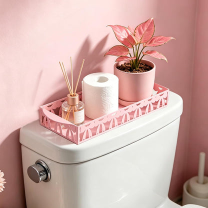 Pink Bow Metal Toilet Paper Basket,12.6x5.9 Inches Cute Toilet Tank Paper Holder with Handle Bathroom Restroom Storage Tray