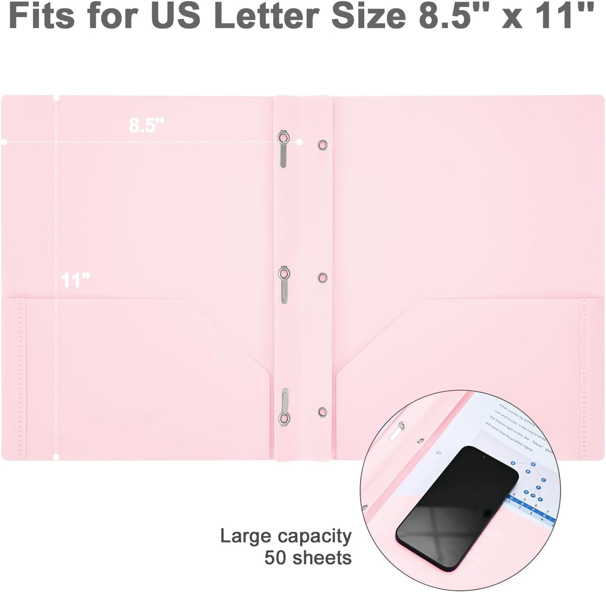 Two-Pocket-Folders with 3 Prongs, Letter Size Plastic Folders with Pockets and Prongs, Poly Plastic Folders for Office & School. 6 Pastel Colors (Pink - 12 Packs)
