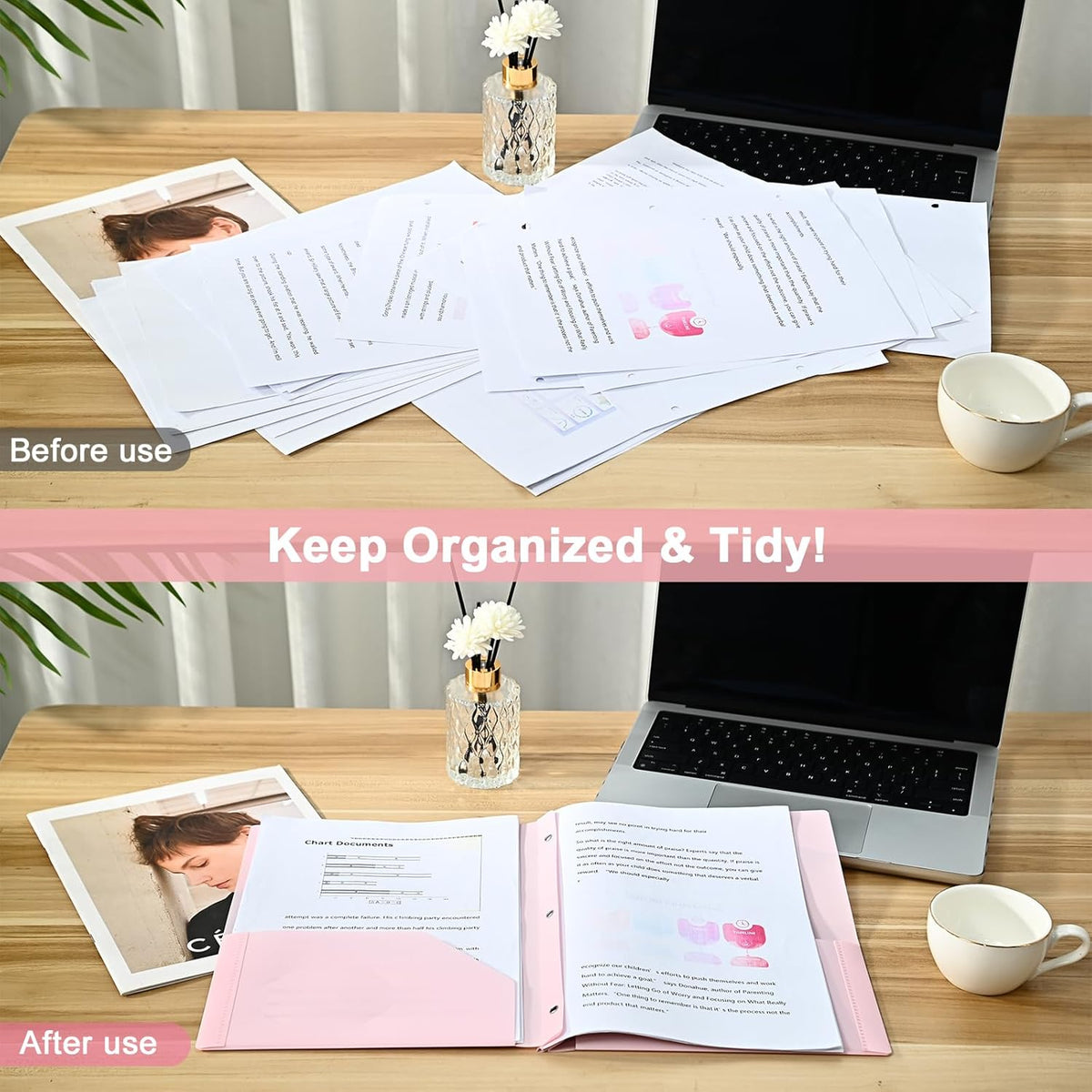 Two-Pocket-Folders with 3 Prongs, Letter Size Plastic Folders with Pockets and Prongs, Poly Plastic Folders for Office & School. 6 Pastel Colors (Pink - 12 Packs)