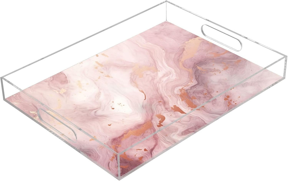 Pink Gold Marble Serving Tray 12" x 16" Acrylic Trays with Handles Decorative Serving Platter for Coffee, Breakfast in Bed, Dinner, Appetizers, Patio, Party