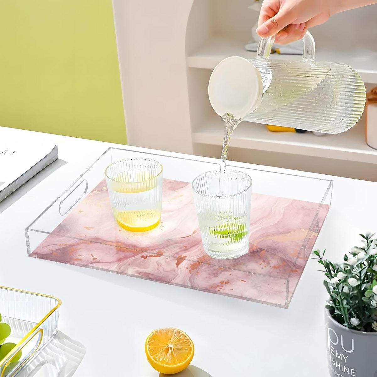 Pink Gold Marble Serving Tray 12" x 16" Acrylic Trays with Handles Decorative Serving Platter for Coffee, Breakfast in Bed, Dinner, Appetizers, Patio, Party