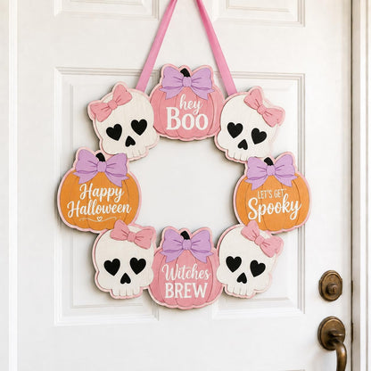 Pink Halloween Decor, Wooden Skull Pumpkin Bow Wreath Door Hanging Sign