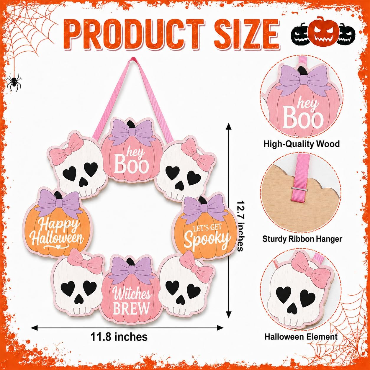 Pink Halloween Decor, Wooden Skull Pumpkin Bow Wreath Door Hanging Sign