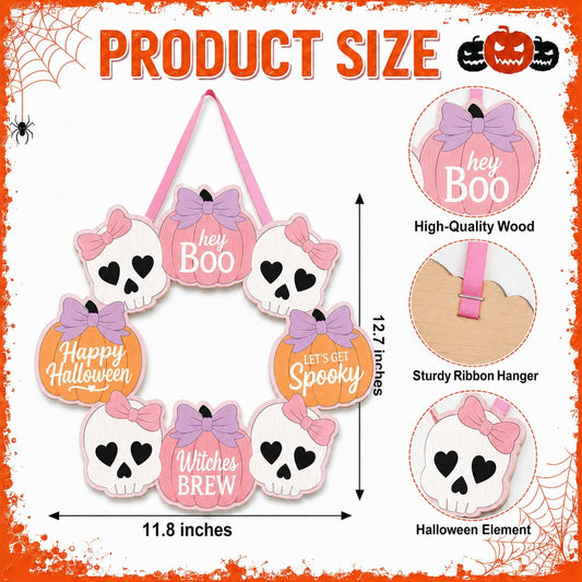 Pink Halloween Decor, Wooden Skull Pumpkin Bow Wreath Door Hanging Sign