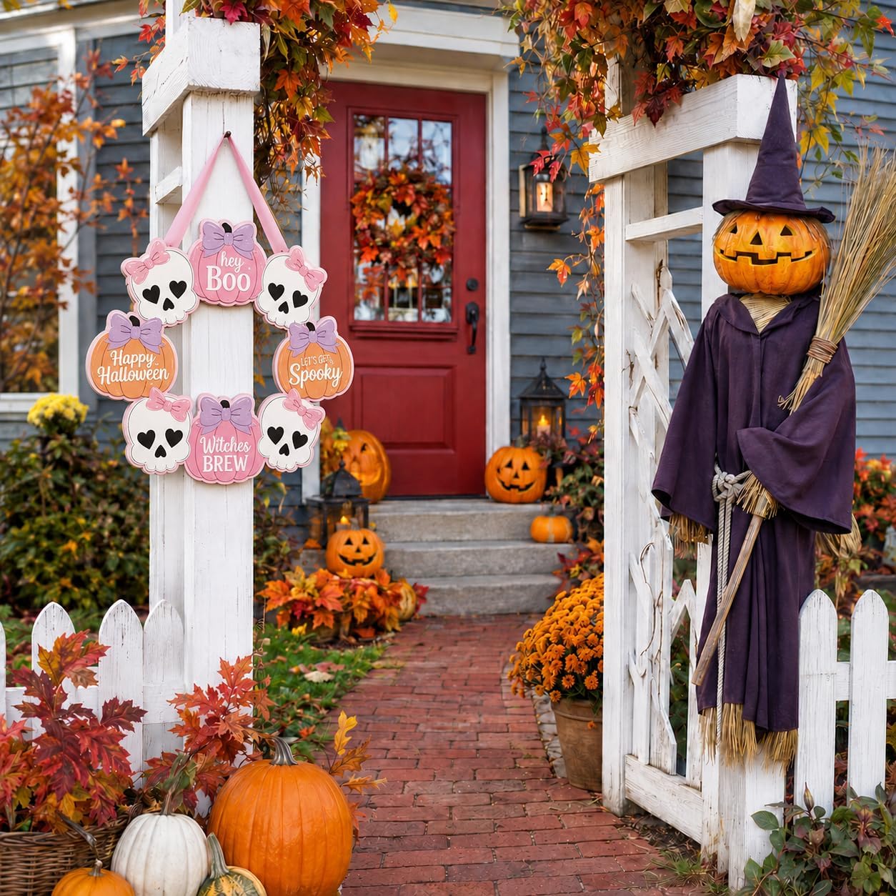 Pink Halloween Decor, Wooden Skull Pumpkin Bow Wreath Door Hanging Sign