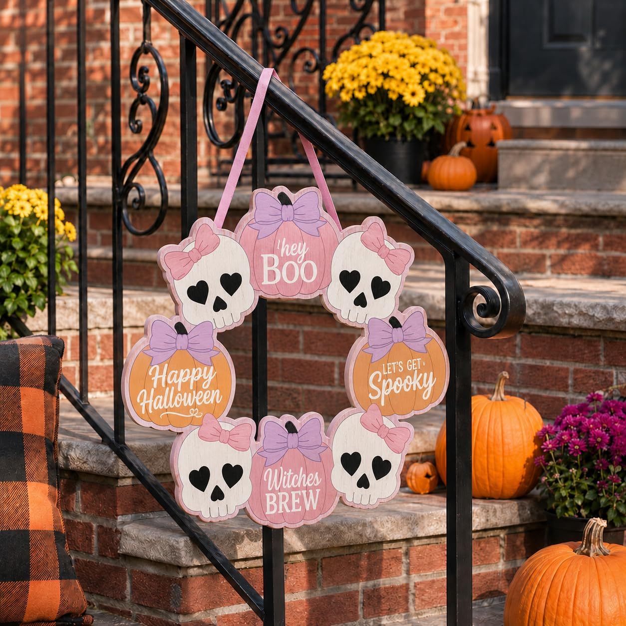Pink Halloween Decor, Wooden Skull Pumpkin Bow Wreath Door Hanging Sign