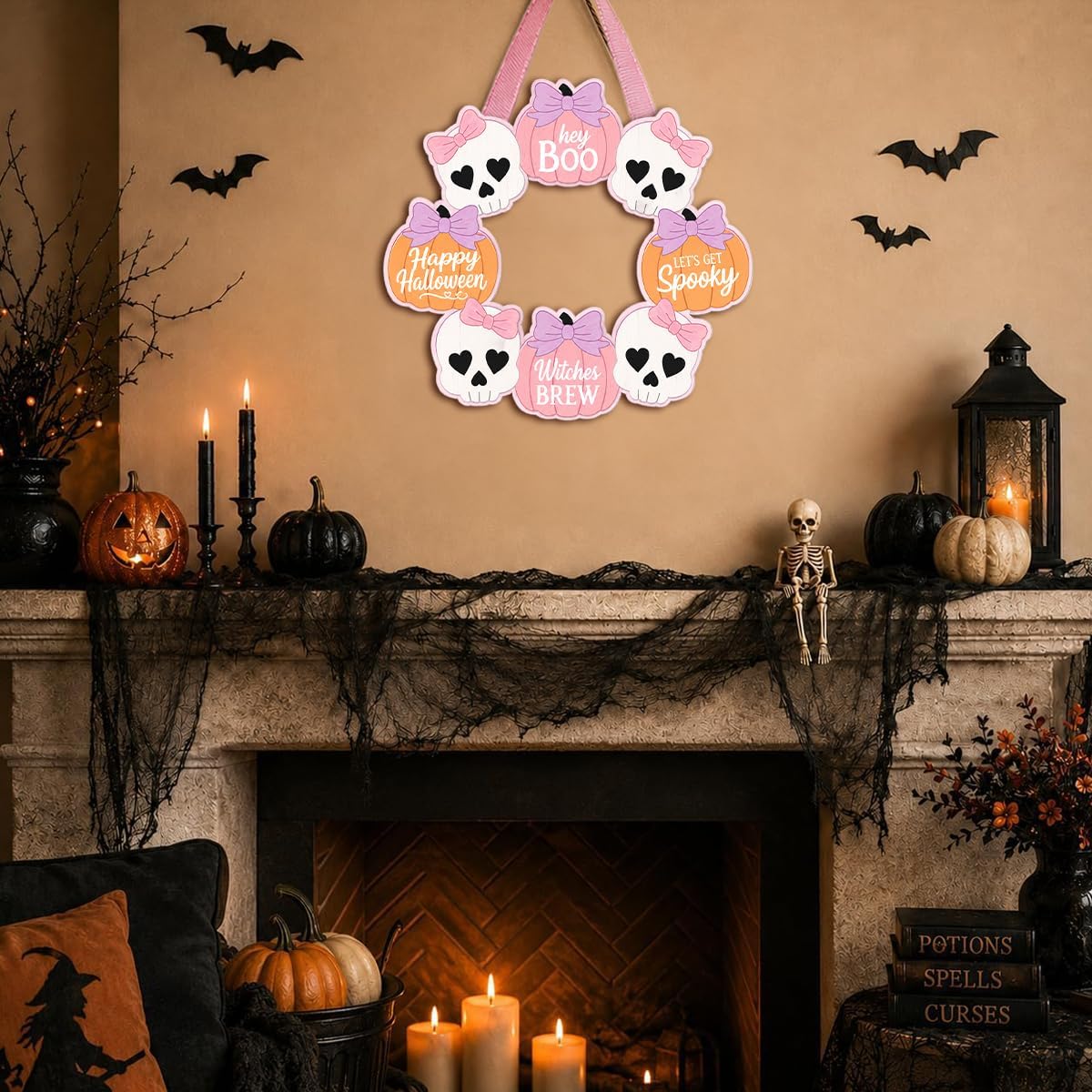 Pink Halloween Decor, Wooden Skull Pumpkin Bow Wreath Door Hanging Sign