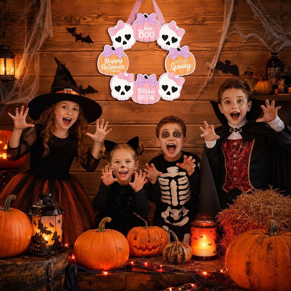 Pink Halloween Decor, Wooden Skull Pumpkin Bow Wreath Door Hanging Sign