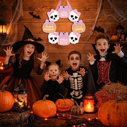 Pink Halloween Decor, Wooden Skull Pumpkin Bow Wreath Door Hanging Sign
