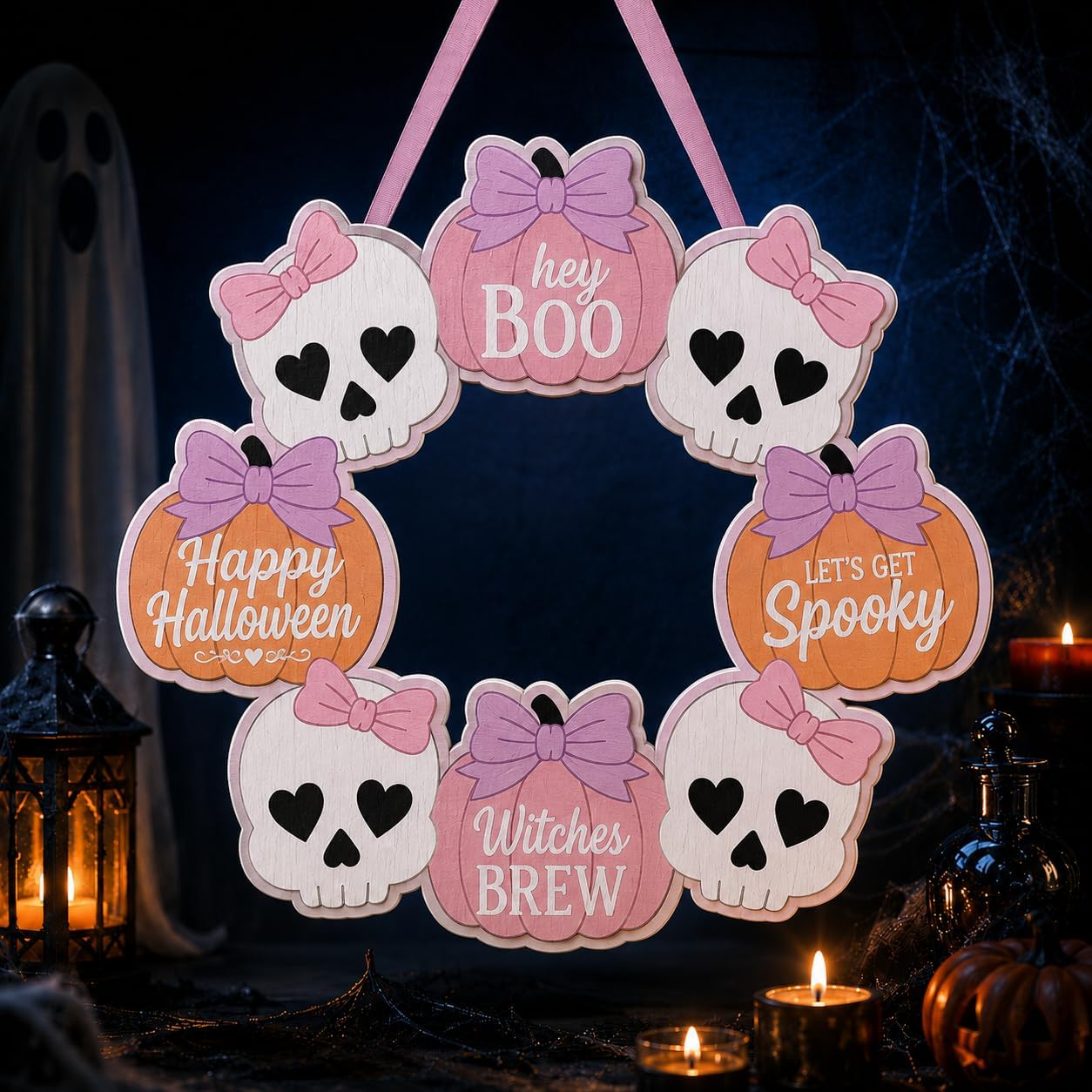 Pink Halloween Decor, Wooden Skull Pumpkin Bow Wreath Door Hanging Sign
