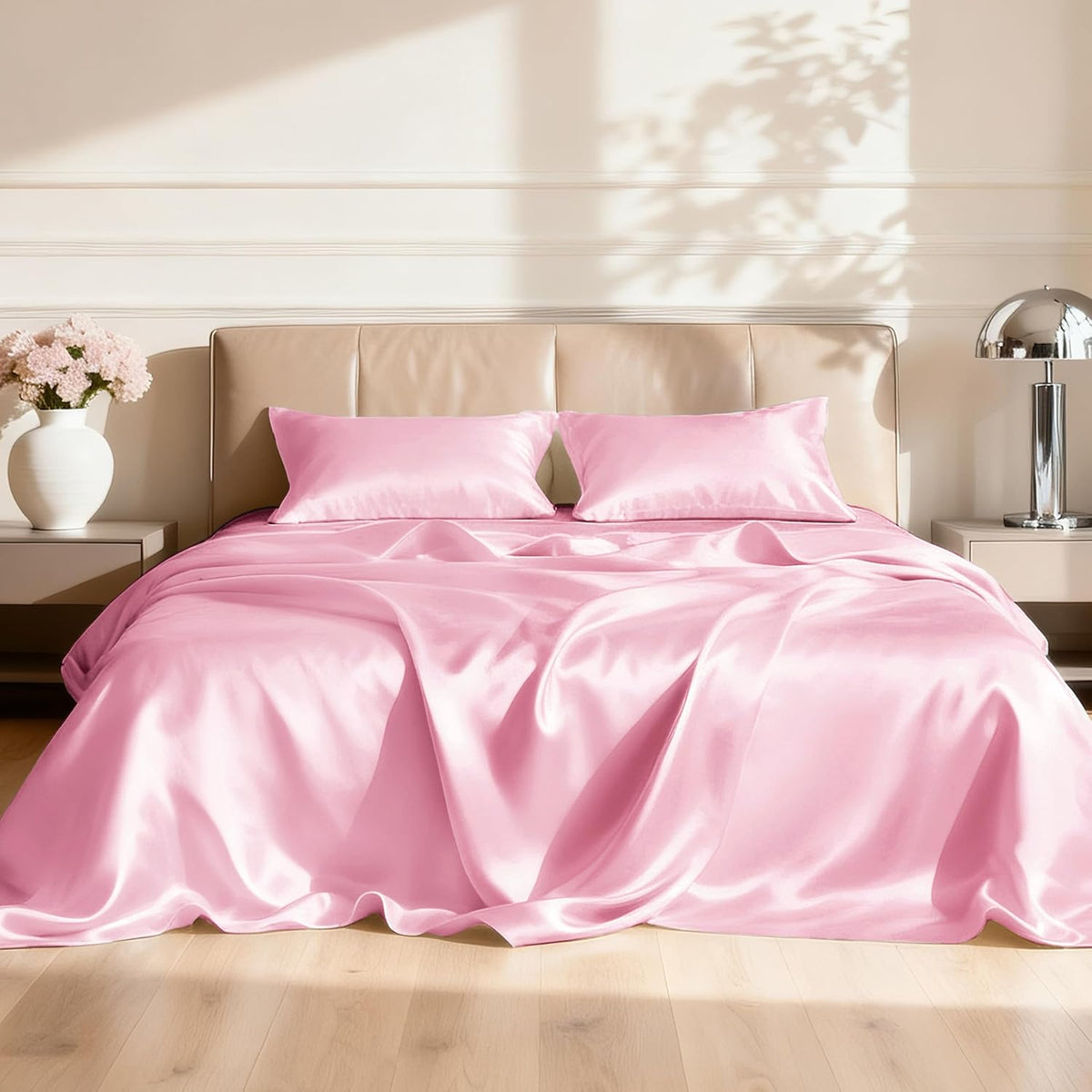 Satin King Sheets Set, 4 Pieces, Pink, 15" Deep Pocket