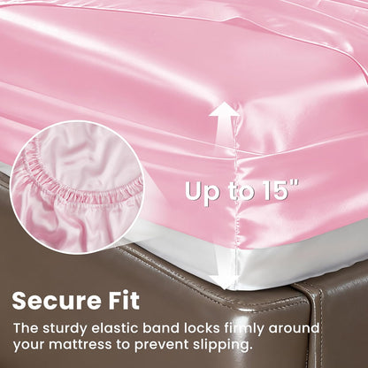 Satin King Sheets Set, 4 Pieces, Pink, 15" Deep Pocket
