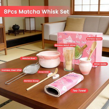 Matcha Whisk Set 8Pcs, Ceramic Japanese Tea Handmade Bowl Kit, Cute Pink Bow Heart Ceremony Starter Making Gift, Complete Fellow Matcha Tools Accessories with Spout Spoon Chasen Holder Sifter Cloth