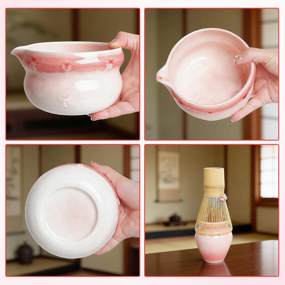 Matcha Whisk Set 8Pcs, Ceramic Japanese Tea Handmade Bowl Kit, Cute Pink Bow Heart Ceremony Starter Making Gift, Complete Fellow Matcha Tools Accessories with Spout Spoon Chasen Holder Sifter Cloth