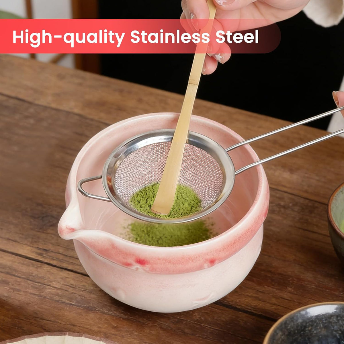 Matcha Whisk Set 8Pcs, Ceramic Japanese Tea Handmade Bowl Kit, Cute Pink Bow Heart Ceremony Starter Making Gift, Complete Fellow Matcha Tools Accessories with Spout Spoon Chasen Holder Sifter Cloth