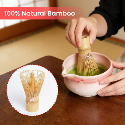 Matcha Whisk Set 8Pcs, Ceramic Japanese Tea Handmade Bowl Kit, Cute Pink Bow Heart Ceremony Starter Making Gift, Complete Fellow Matcha Tools Accessories with Spout Spoon Chasen Holder Sifter Cloth