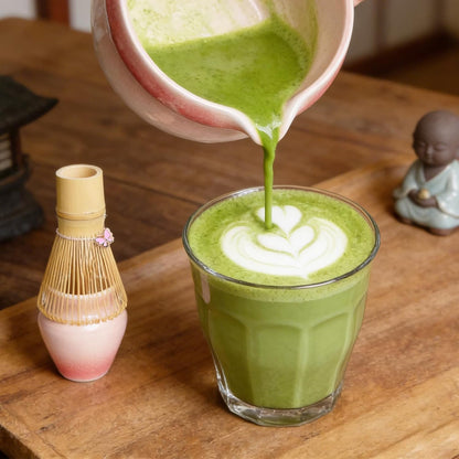 Matcha Whisk Set 8Pcs, Ceramic Japanese Tea Handmade Bowl Kit, Cute Pink Bow Heart Ceremony Starter Making Gift, Complete Fellow Matcha Tools Accessories with Spout Spoon Chasen Holder Sifter Cloth