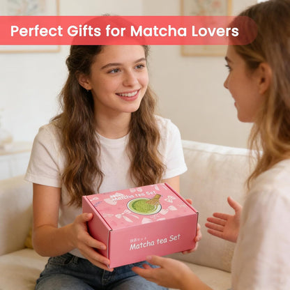 Matcha Whisk Set 8Pcs, Ceramic Japanese Tea Handmade Bowl Kit, Cute Pink Bow Heart Ceremony Starter Making Gift, Complete Fellow Matcha Tools Accessories with Spout Spoon Chasen Holder Sifter Cloth