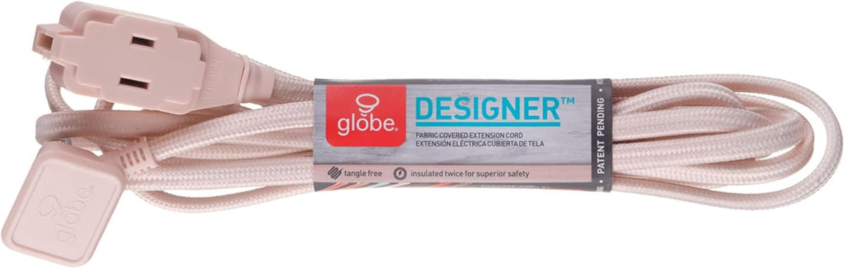 22814 Designer Series 9-ft Fabric Extension Cord, 3 Polarized Outlets, Right Angle Plug, 125 Volts, Pale Pink