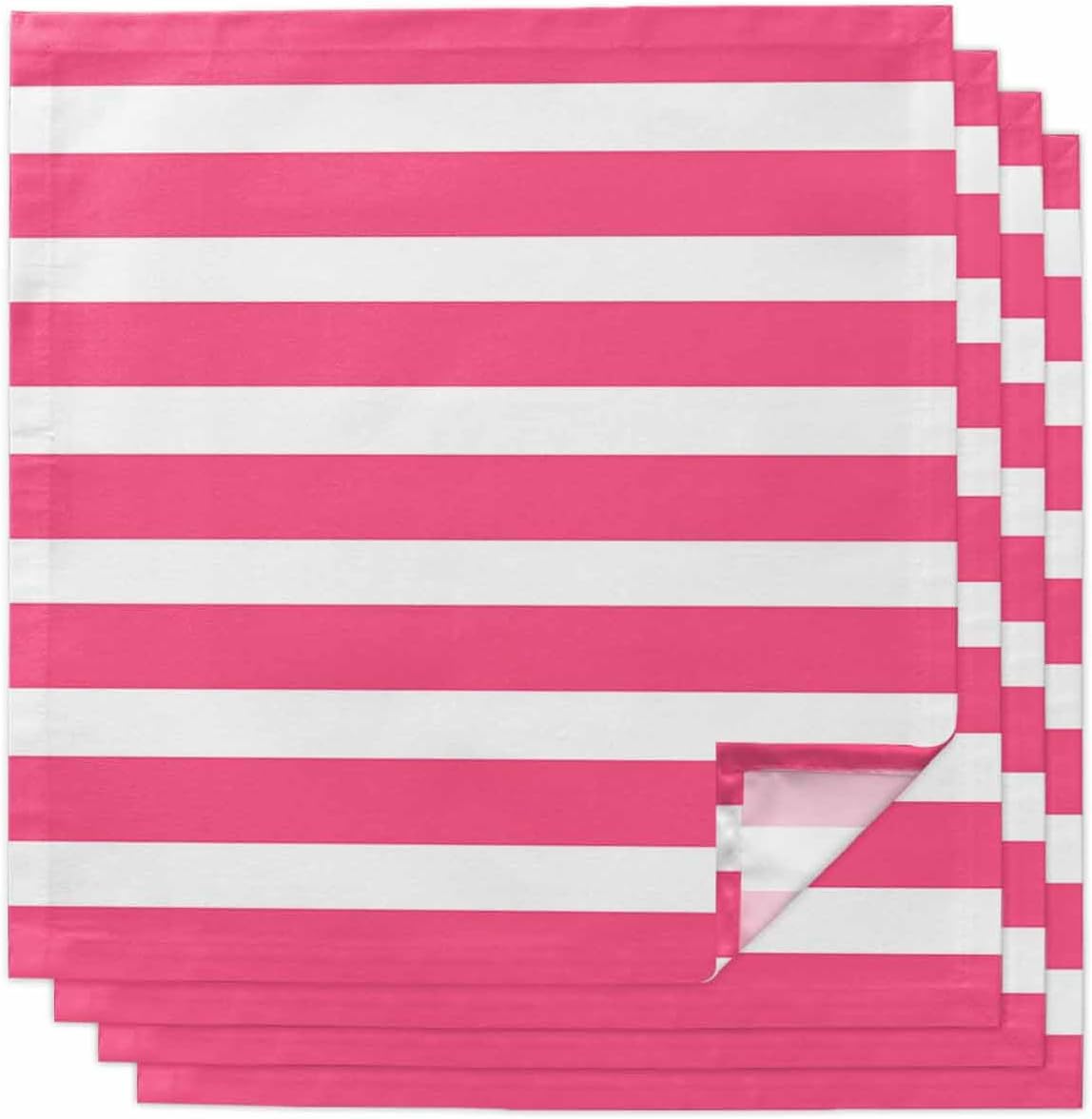 Pink Striped Cloth Napkins Set of 4, Holiday Napkins for Baby Shower, Modern Simple Monochrome Geometric White Washable Reusable Dinner Napkin for Cocktail Wedding Party, 20 x 20 Inch