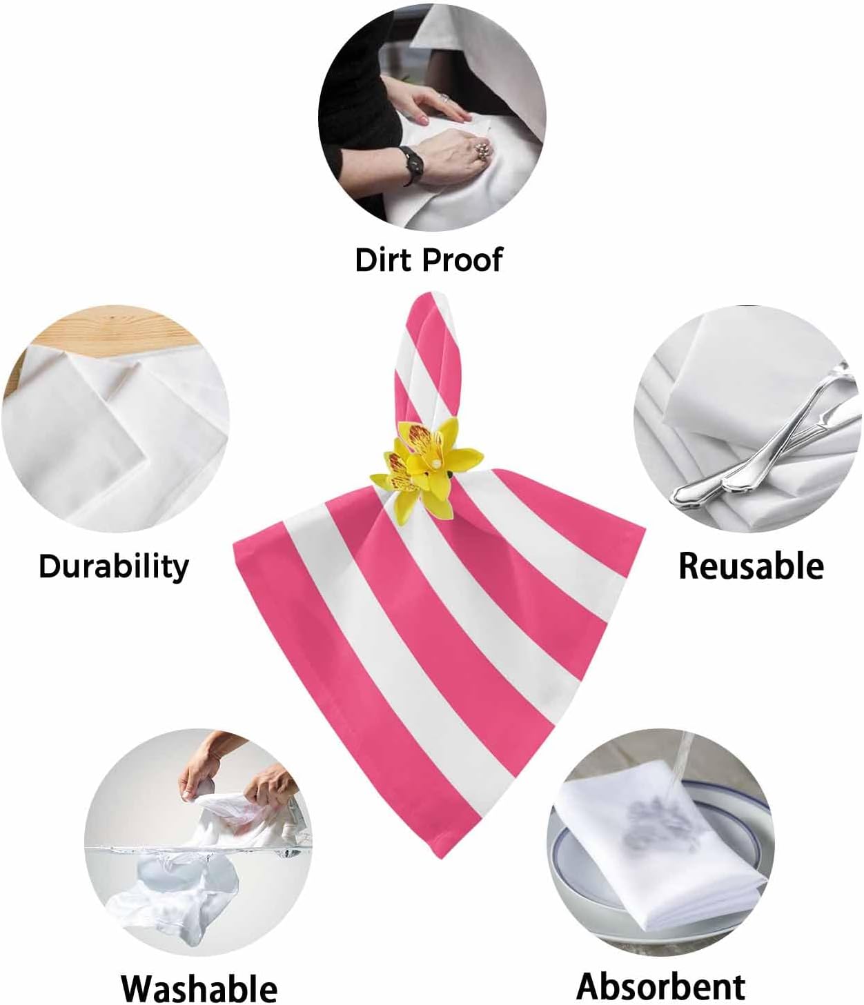 Pink Striped Cloth Napkins Set of 4, Holiday Napkins for Baby Shower, Modern Simple Monochrome Geometric White Washable Reusable Dinner Napkin for Cocktail Wedding Party, 20 x 20 Inch
