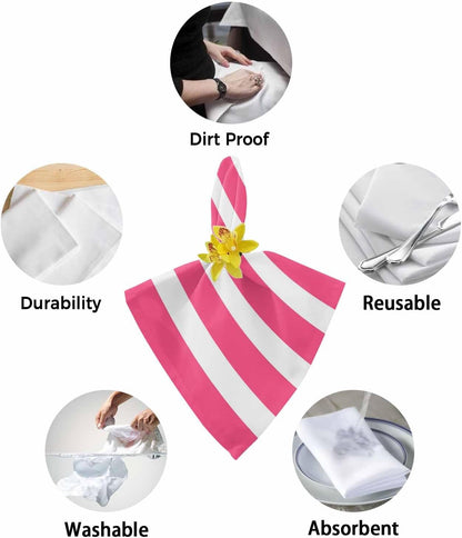 Pink Striped Cloth Napkins Set of 4, Holiday Napkins for Baby Shower, Modern Simple Monochrome Geometric White Washable Reusable Dinner Napkin for Cocktail Wedding Party, 20 x 20 Inch
