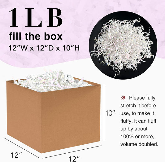 1LB Iridescent Crinkle Cut Paper Shred Filler for Gift Box Bag and Basket On Holidays(Diamond White)