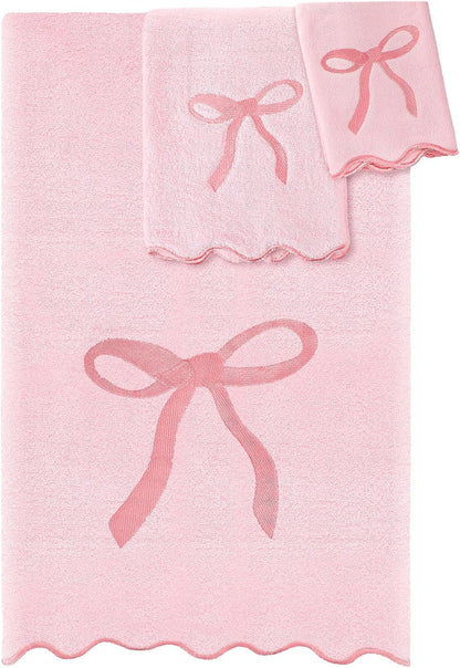 3 Pcs Pink Bow Bathroom Towel Set, Scalloped Coquette Fingertip Towels with Embroidery, 100% Cotton Absorbent Hand Towels for Bathroom, Kitchen, Wedding Gifts, Preppy Bath Decor
