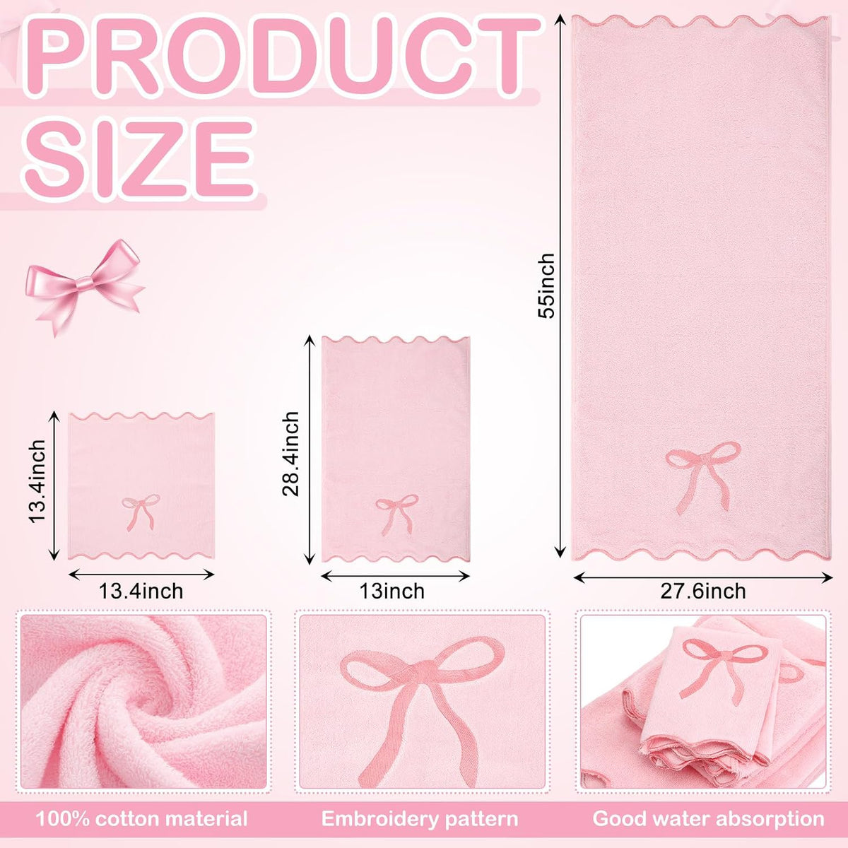 3 Pcs Pink Bow Bathroom Towel Set, Scalloped Coquette Fingertip Towels with Embroidery, 100% Cotton Absorbent Hand Towels for Bathroom, Kitchen, Wedding Gifts, Preppy Bath Decor